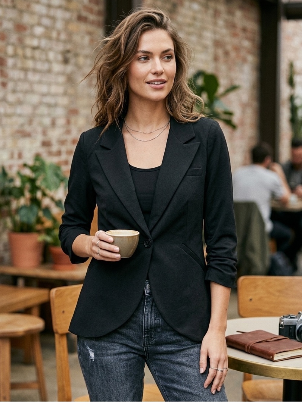 ModCloth Fine and Sandy Ruched Sleeve Blazer Black Size M NWT